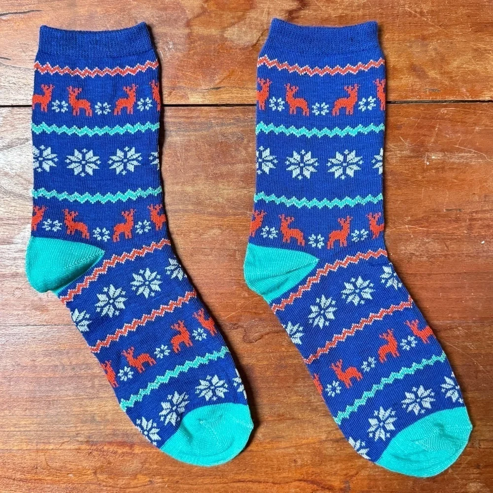 Blue Knit Holiday Themed Crew Socks